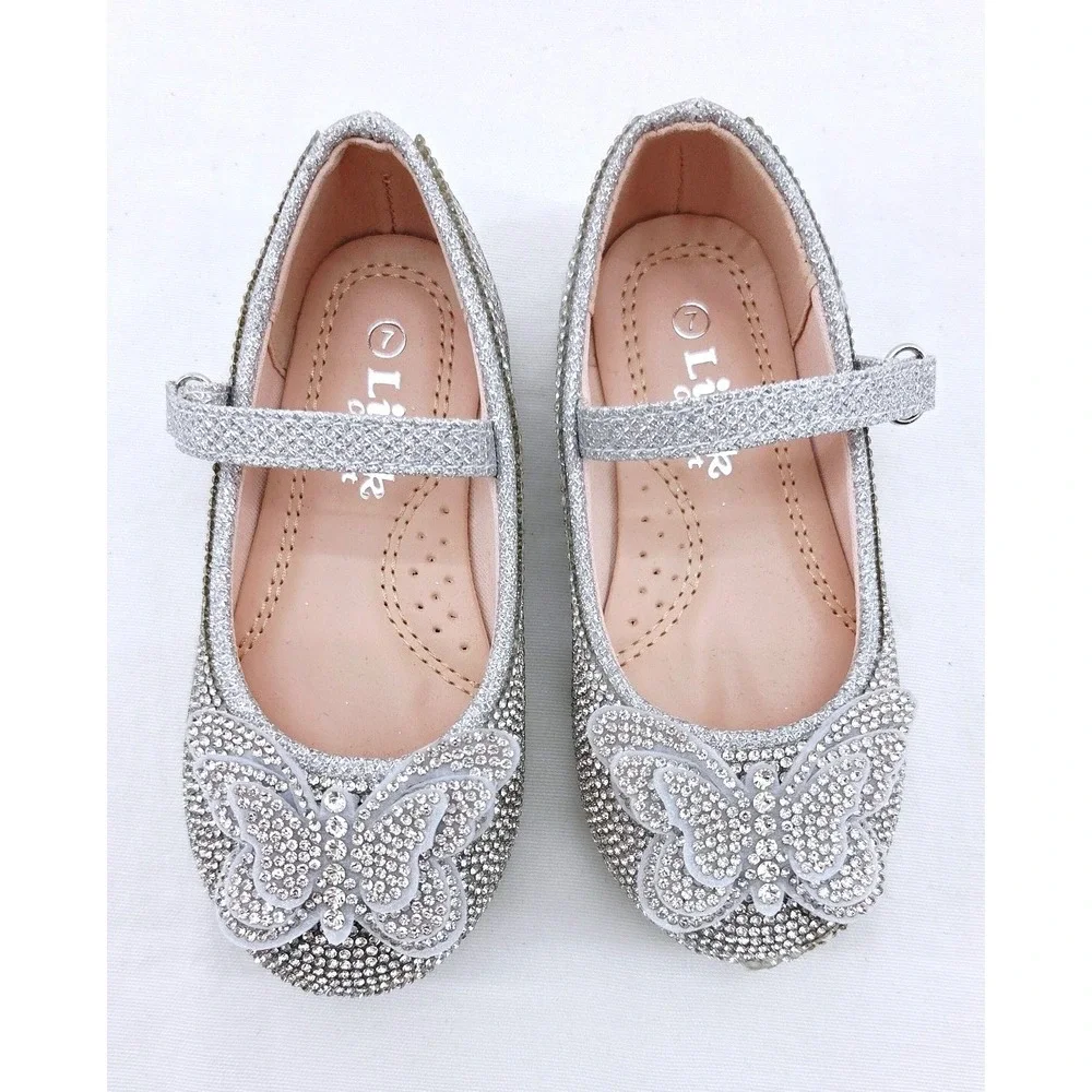 Link Sabina Kids Silver Rhinestone Butterfly Mary Jane Flats - Size 7